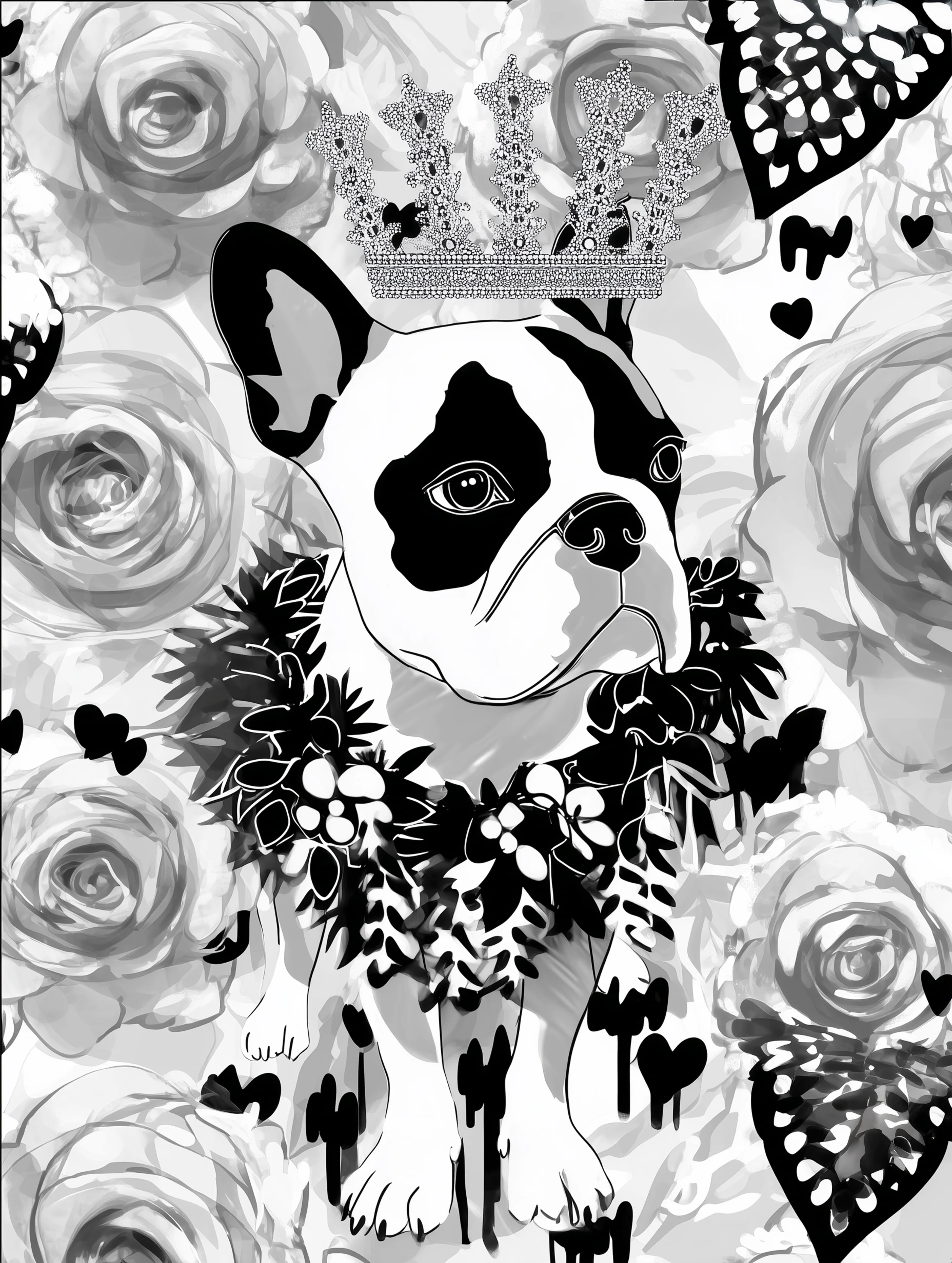 Free printable french bulldog coloring page featuring a wreath wearing frenchie